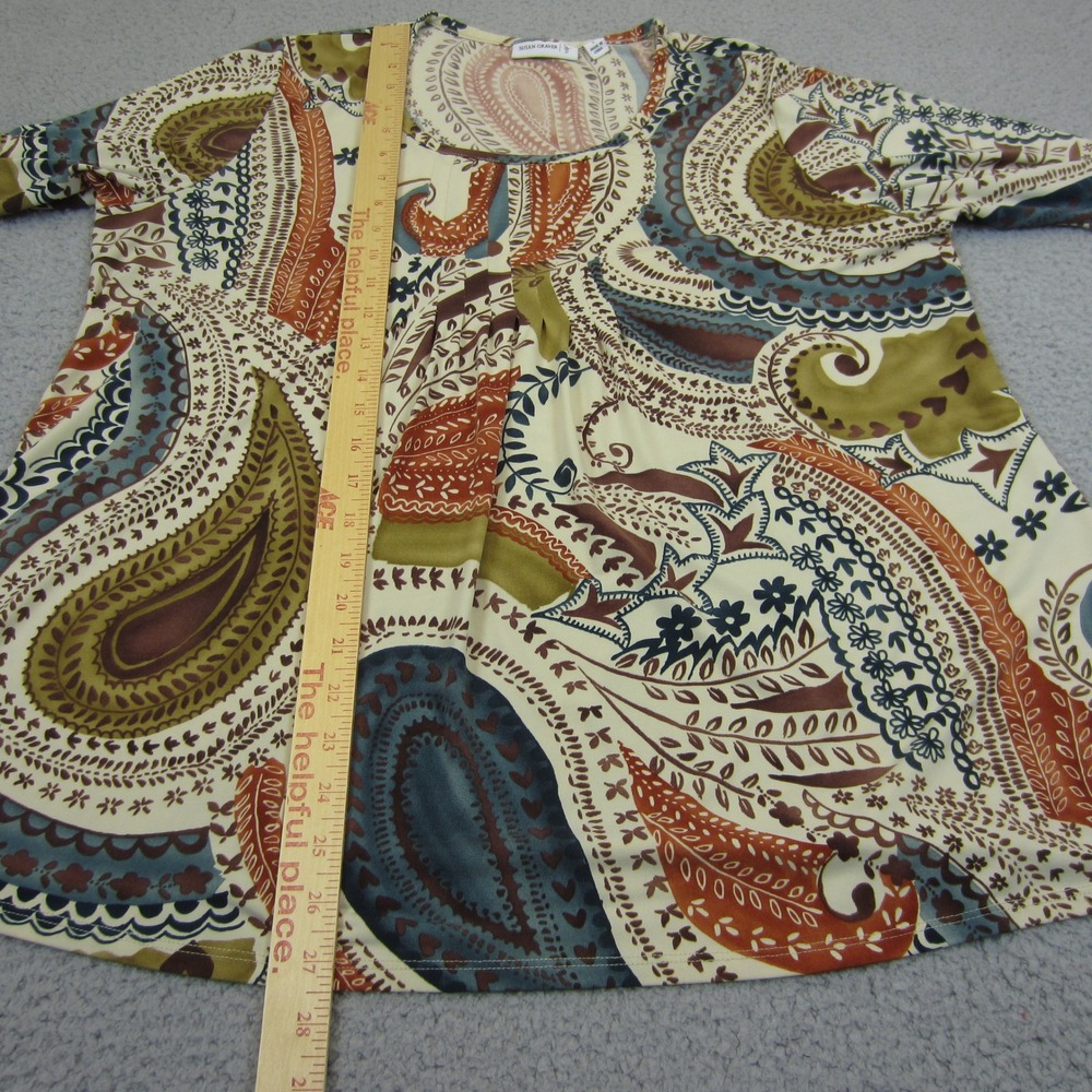 Susan Graver Liquid Knit Paisley Top Womens Large 3/4 Sleeve Scoop Neck Pleated - Picture 7 of 10
